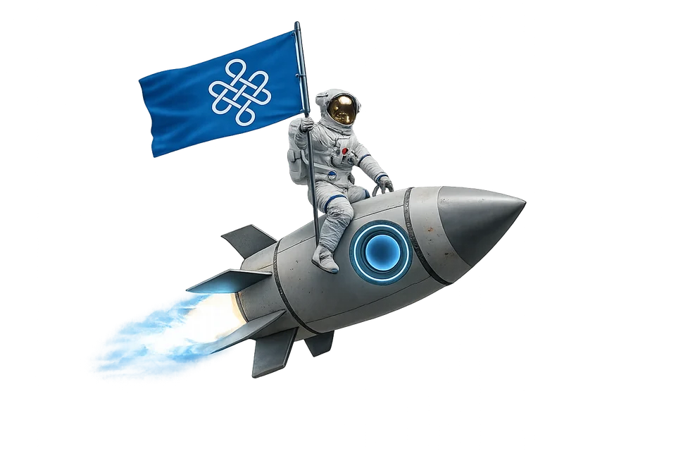 Infinity22 astronaut riding a rocket through space with a branded flag