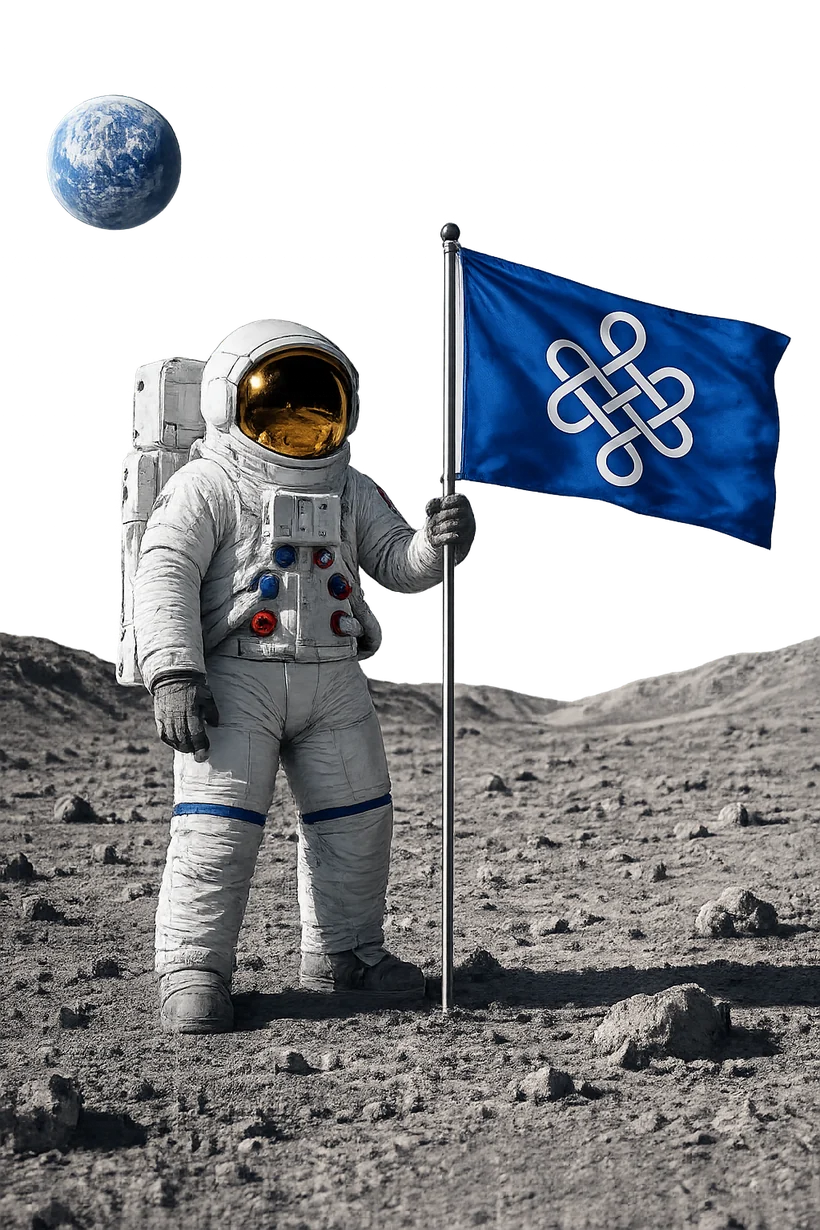 Infinity22 astronaut standing on the moon with a branded flag