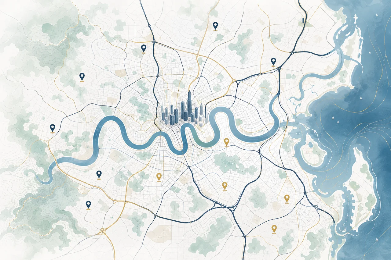 Premium Brisbane property investment map with river and portfolio markers